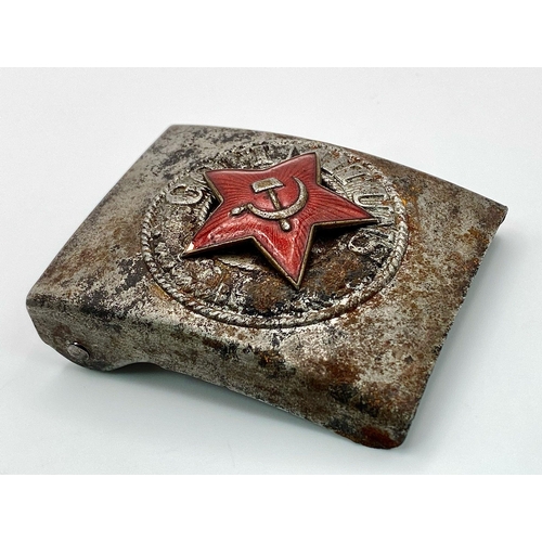 139 - WW2 Soviet Russian Partisan Trophy, German Wehrmacht Buckle with the Red Star Hammer and Sickle Embl... 