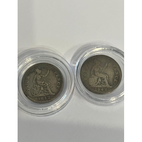 259 - 2 x Early Victorian SILVER GROAT (FOUR PENCE) COINS. Consecutive years 1842 and 1843. Very fine cond... 