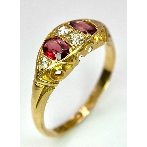 26 - A vintage, 18 K yellow gold ring with two oval cut garnets beautifully set between diamonds. Ring si... 