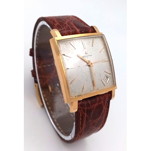 31 - A Vintage 18K Gold Cased Zenith Gents Watch. Crocodile strap. 18k gold rectangular case - 30mm width... 