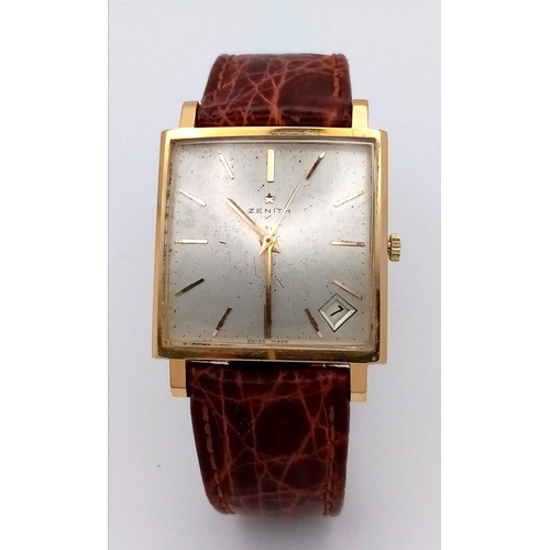 31 - A Vintage 18K Gold Cased Zenith Gents Watch. Crocodile strap. 18k gold rectangular case - 30mm width... 