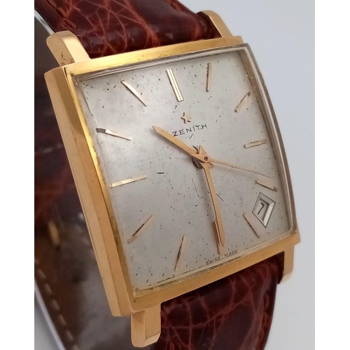 31 - A Vintage 18K Gold Cased Zenith Gents Watch. Crocodile strap. 18k gold rectangular case - 30mm width... 