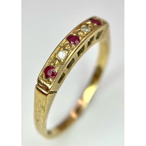 368 - A vintage,  9 K yellow gold ring with alternating rubies and diamonds. Ring size: P. weight; 1.9 g.