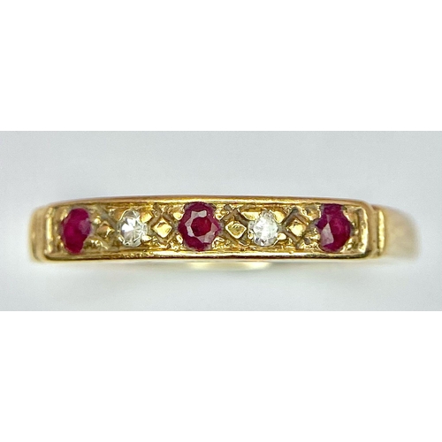 368 - A vintage,  9 K yellow gold ring with alternating rubies and diamonds. Ring size: P. weight; 1.9 g.