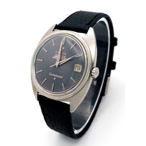 369 - A Vintage Automatic Omega Constellation. Black leather strap. Stainless steel case - 36mm. Grey dial... 