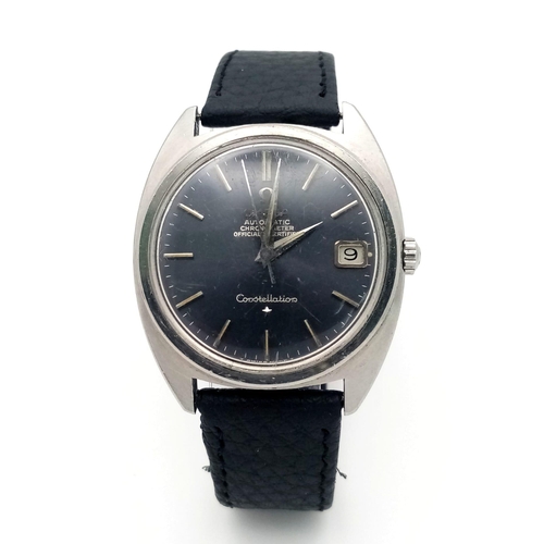 369 - A Vintage Automatic Omega Constellation. Black leather strap. Stainless steel case - 36mm. Grey dial... 