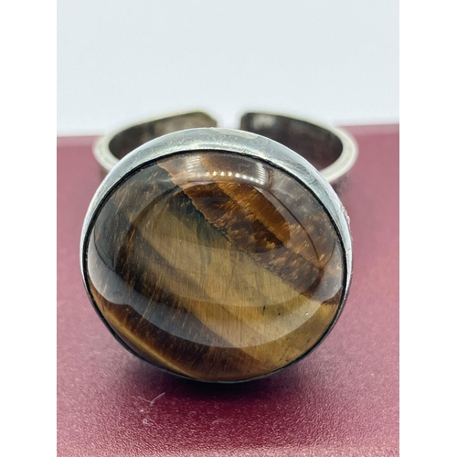 672 - Large circular TIGERS EYE SILVER RING. Adjustable SILVER Band to fit Size  O - R.