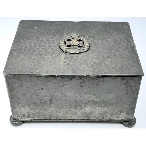 783 - WW1 Period English Made Pewter wood lined cigarette box with insignia of the Rifle Brigade