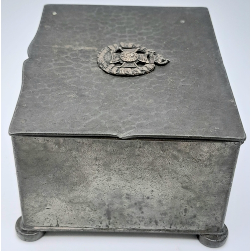 783 - WW1 Period English Made Pewter wood lined cigarette box with insignia of the Rifle Brigade