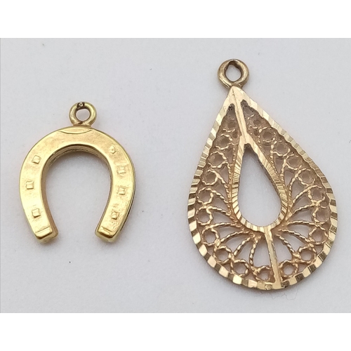 933 - A Pair of 9K Yellow Gold Pendants. Horse-shoe and decorative pierced oval. 0.9g total weight. 25mm a... 