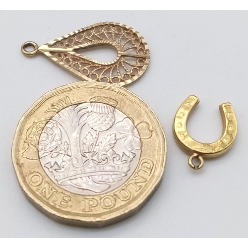 933 - A Pair of 9K Yellow Gold Pendants. Horse-shoe and decorative pierced oval. 0.9g total weight. 25mm a... 