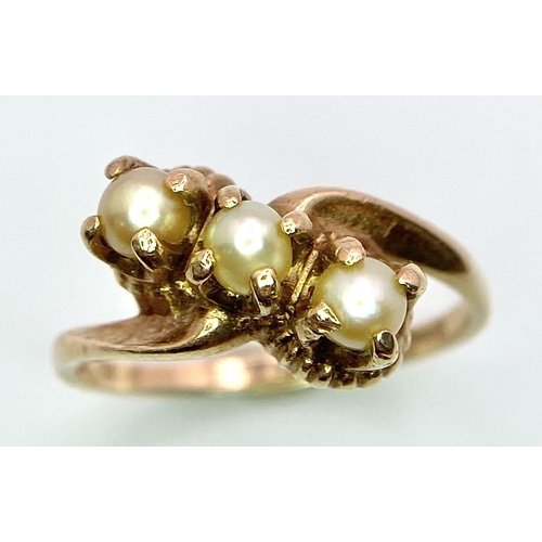 1146 - A beautiful, vintage, 9 K yellow gold ring with a trilogy of seed pearls symbolising Purity Fidelity... 