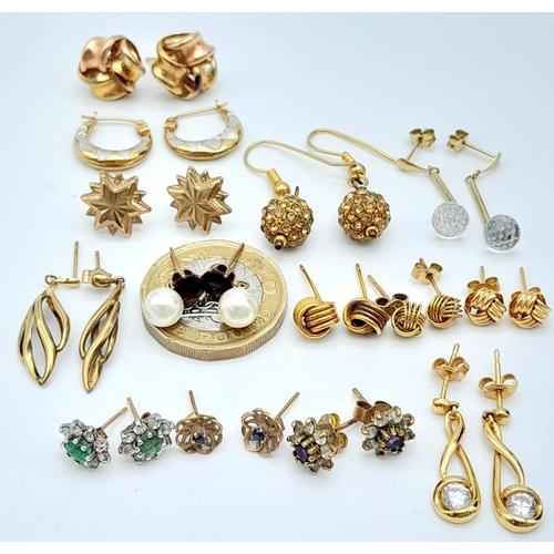 389 - A spectacular collection of fourteen pairs of 9 K yellow gold earrings, some with precious stones an... 