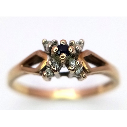 524 - A vintage, 9 K yellow gold ring with a sapphire surrounded by old cut diamonds, size: O, weight: 1.9... 