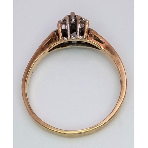 524 - A vintage, 9 K yellow gold ring with a sapphire surrounded by old cut diamonds, size: O, weight: 1.9... 