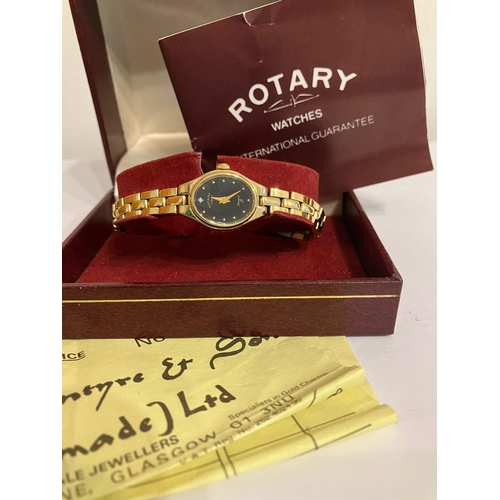 728 - Ladies Vintage ROTARY WRISTWACH. Having Gold Tone Bracelet with oval black face. Quartz movement. Di... 