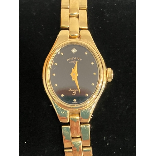 728 - Ladies Vintage ROTARY WRISTWACH. Having Gold Tone Bracelet with oval black face. Quartz movement. Di... 