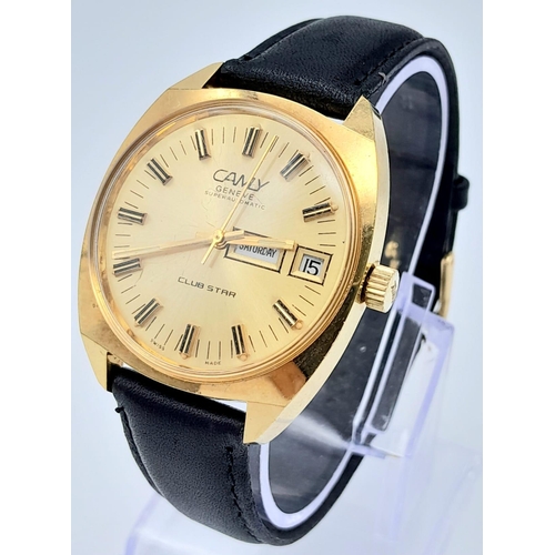 781 - A Vintage Camy Club Star Gents Watch. Black leather strap. Gilded case - 36mm. Gold tone dial with d... 