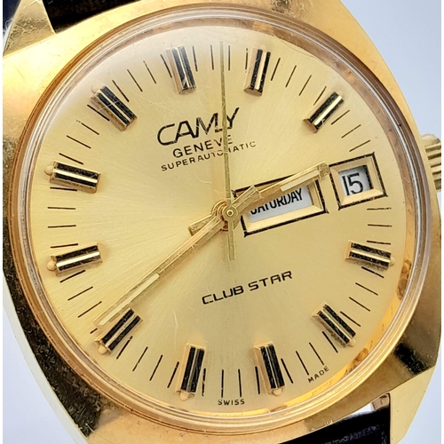 781 - A Vintage Camy Club Star Gents Watch. Black leather strap. Gilded case - 36mm. Gold tone dial with d... 