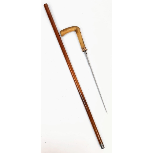 815 - An Antique Victorian Walking Stick with Hidden Dagger. Horn handle with gold metal collar. Button re... 