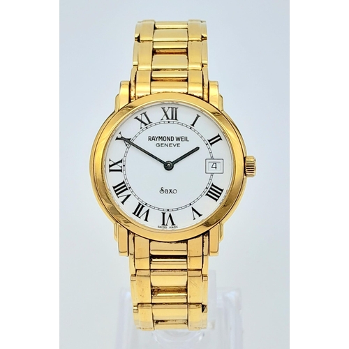 818 - A Gold Plated Raymond Weil Quartz Gents Watch. Gold plated bracelet and case -36mm. White dial with ... 