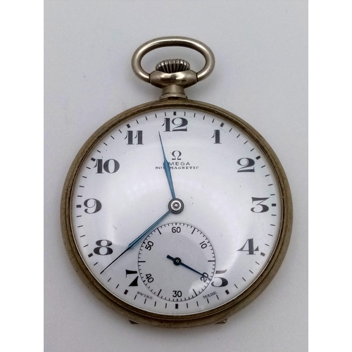 823 - A Vintage Omega Pocket Watch. Stainless steel case with top winder. White dial with second sub dial.... 