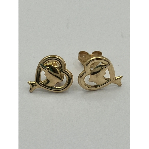 882 - 2 x pairs 9 carat GOLD EARRINGS To include,DOLPHINS with Heart Surround. Together with pair of MOONS... 