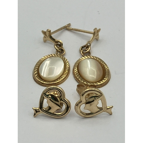 882 - 2 x pairs 9 carat GOLD EARRINGS To include,DOLPHINS with Heart Surround. Together with pair of MOONS... 