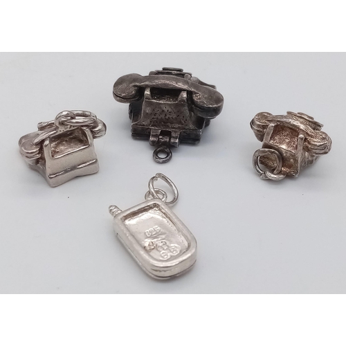 996 - 4 X STERLING SILVER TELEPHONE CHARMS - 3 OLD SCHOOL PHONES AND A FLIP MOBILE. 14.5G