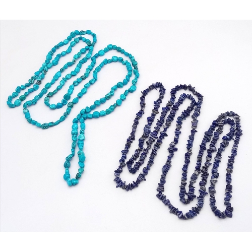 878 - Two Natural Rough Gemstone Rope Length Necklaces. Lapis Lazuli and Turquoise. Both 150cm.