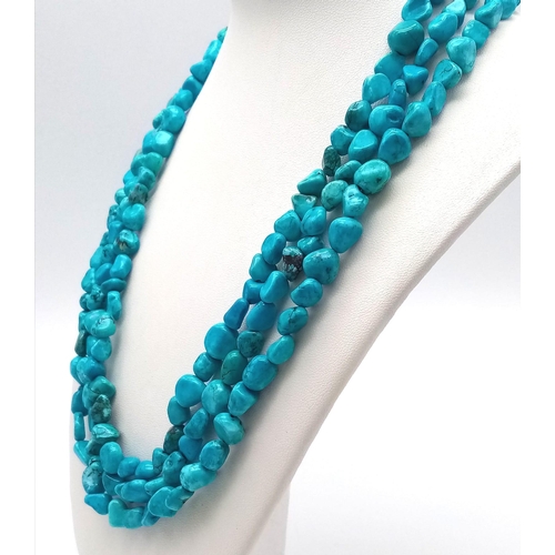 878 - Two Natural Rough Gemstone Rope Length Necklaces. Lapis Lazuli and Turquoise. Both 150cm.