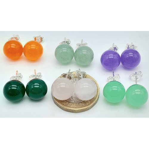 1208 - Six Pairs of Colourful Jade Ball Stud Earrings. Lavender to dark green.