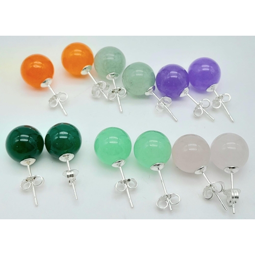 1208 - Six Pairs of Colourful Jade Ball Stud Earrings. Lavender to dark green.