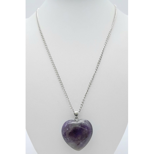 864 - Two Gemstone Heart Pendants on Silver and Gold-Tone Necklaces. Amethyst and Aventurine. Pendants 3.5... 