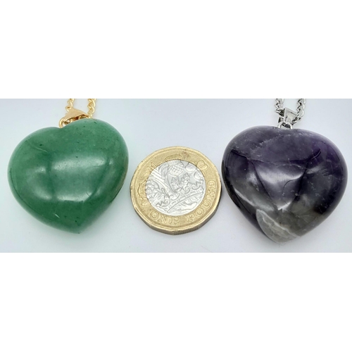 864 - Two Gemstone Heart Pendants on Silver and Gold-Tone Necklaces. Amethyst and Aventurine. Pendants 3.5... 