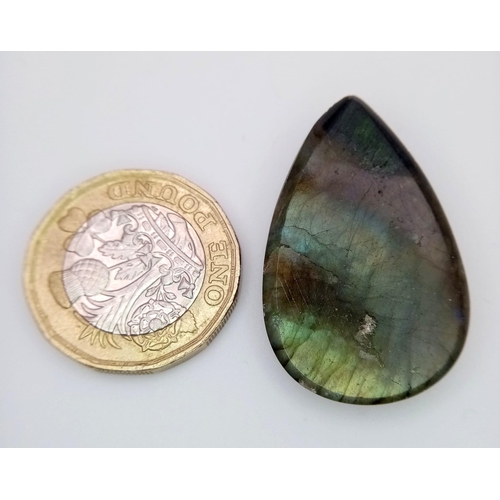 1194 - A 34.14ct Untreated Labradorite, in the Pear Cabochon Shape. Comes with the GFCO Swiss Certificate