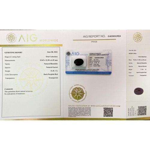 641 - A 11.36ct Natural Rhodolite Garnet, in the Oval Cabochon shape. Comes with the AIG Milan Certificate... 