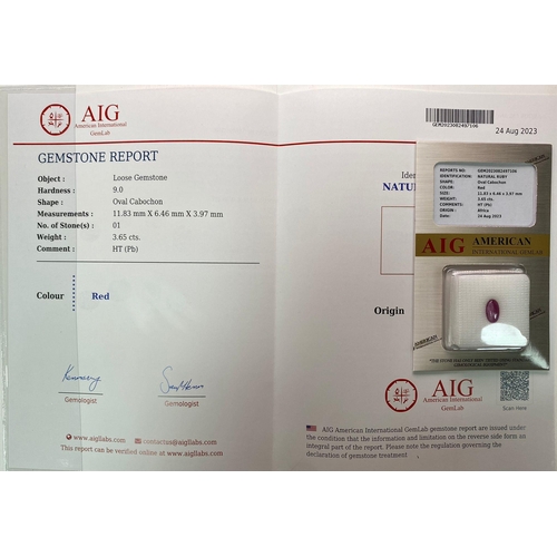 1187 - A 3.65ct African Natural Ruby Cabochon Gemstone. Comes with the AIG Certificate and Sealed Box