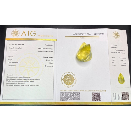 1108 - A 121.64ct Eye Clean Natural Lemon Quartz, in the Pear Checkerboard cut. Comes with the 121.64ct AIG... 