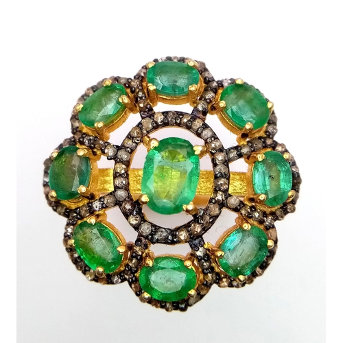 611 - An Emerald and Diamond Gemstone Ring set in Gold Plated 925 Silver. 12ctw of decorative floral ensem... 