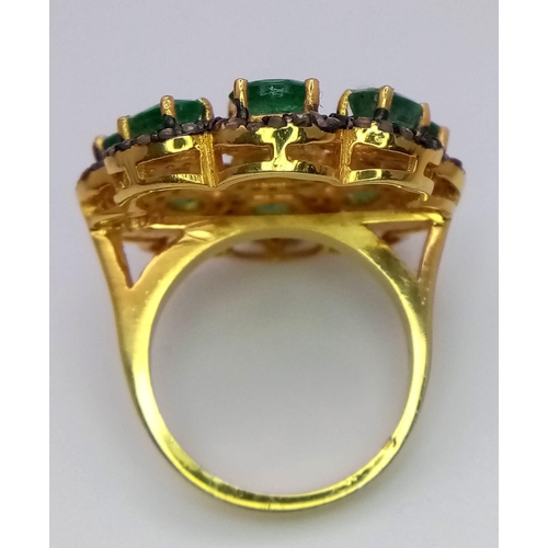 611 - An Emerald and Diamond Gemstone Ring set in Gold Plated 925 Silver. 12ctw of decorative floral ensem... 