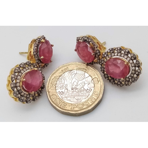 1115 - A Pair of Ruby and Diamond Gemstone Dangler Earrings set in Gilded 925 Silver. Ruby - 15ctw and Diam... 