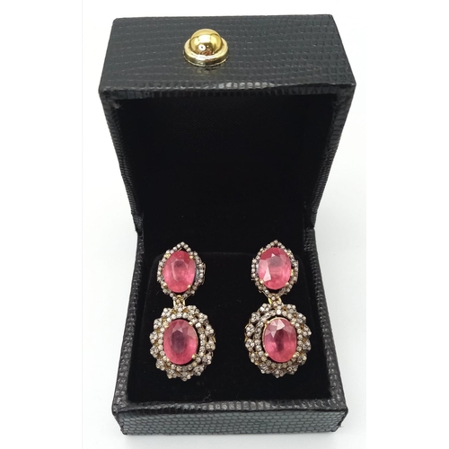 1115 - A Pair of Ruby and Diamond Gemstone Dangler Earrings set in Gilded 925 Silver. Ruby - 15ctw and Diam... 