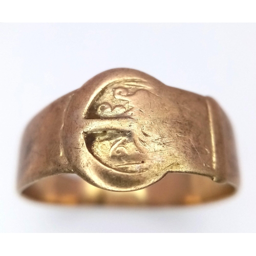 1046 - A vintage, 9 K yellow gold ring in the shape of a belt with buckle, size: U, weight: 3.2 g