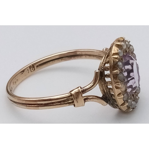 1083 - AN ANTIQUE AMETHYST AND SEED PEARL RING IN 9K GOLD.  2.1gms   size R