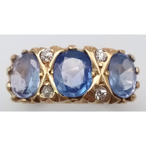 1125 - A TRILOGY OF NATURAL SAPPHIRES SET IN 14K GOLD WITH 4 DIAMOND SPACERS ... A REAL VINTAGE SHOW STOPPE... 