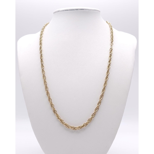 198 - A 9 K yellow gold rope chain necklace, length: 50 cm, weight; 5.6 g.