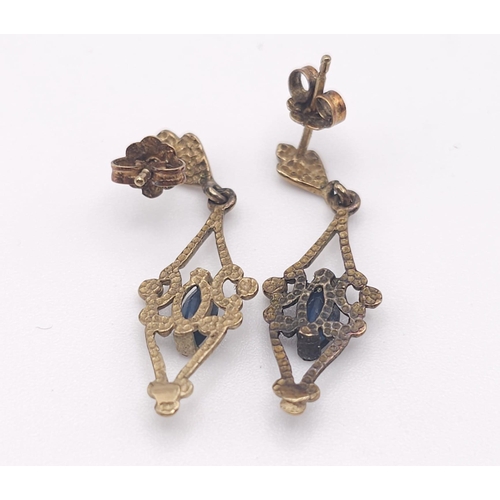 361 - Two antique pairs of 9 K yellow gold earrings, one with oval cut rubies the other one with marquise ... 