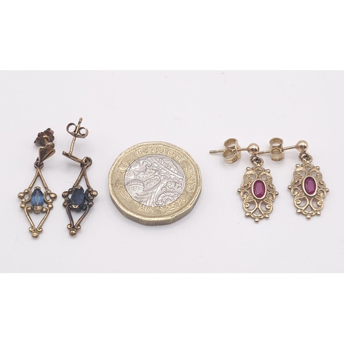 361 - Two antique pairs of 9 K yellow gold earrings, one with oval cut rubies the other one with marquise ... 