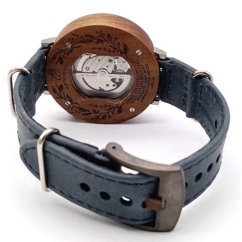 479 - A Mistura Automatic Master Edition Gents Watch. Blue leather strap. Wood and stainless steel case - ... 